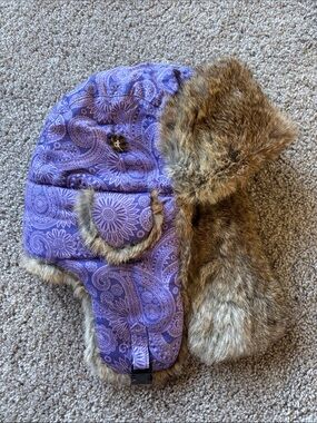 Mad Bimber Purple Paisley Real Fur Trapper Hat for Kids